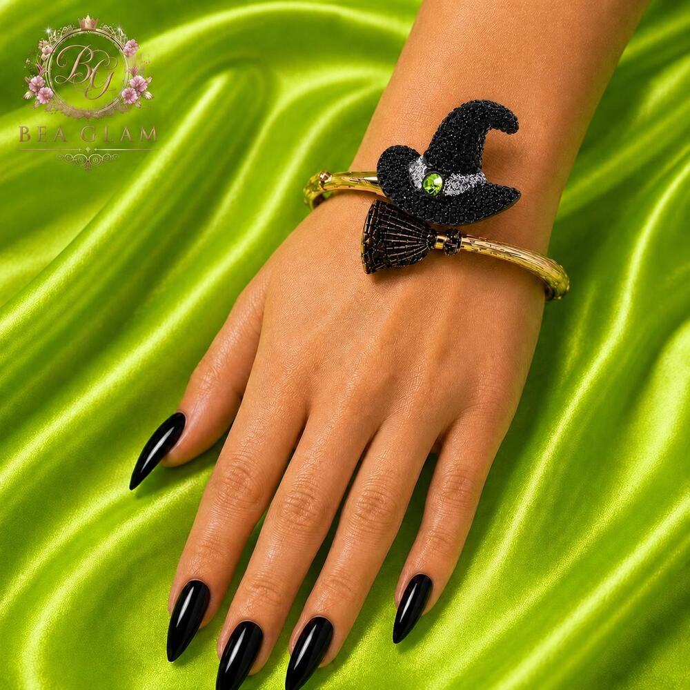 Betsey Johnson Witch Hat & Broom Hinged Bypass Bracelet Green Crystal